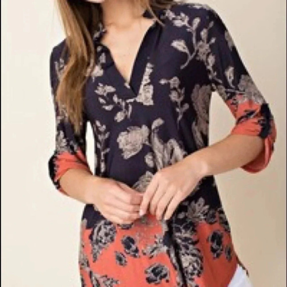 NWT Boutique navy coral floral cold shoulder flowy top bell sleeve - Picture 2 of 14
